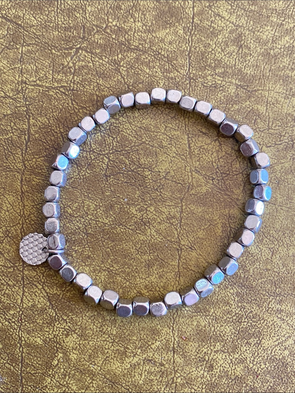 Silver Beaded Stretch Bracelet with Textured Disc Charm